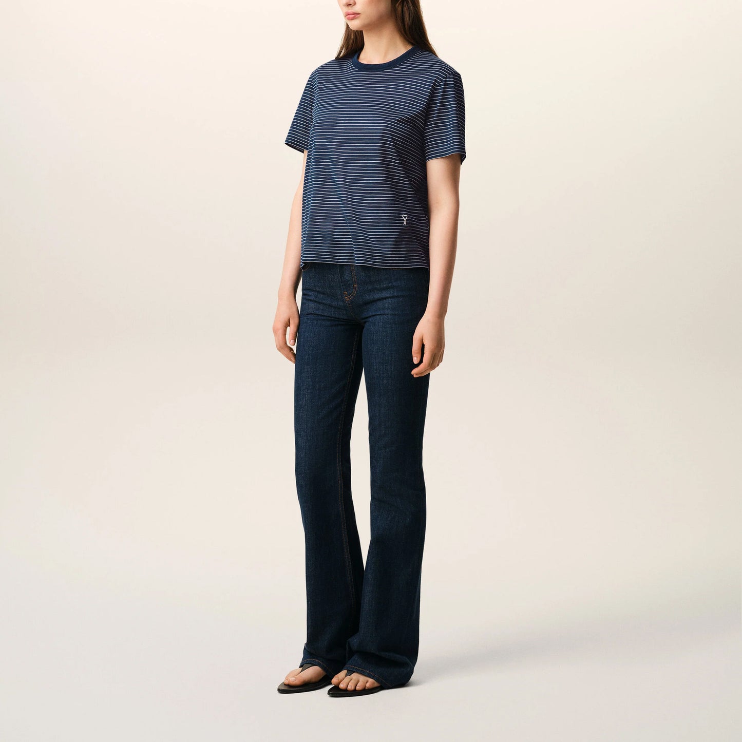 AMI Paris Women Classic Fit Striped T-Shirt with Ami de Coeur Patch FTS373.JE0212 Navy