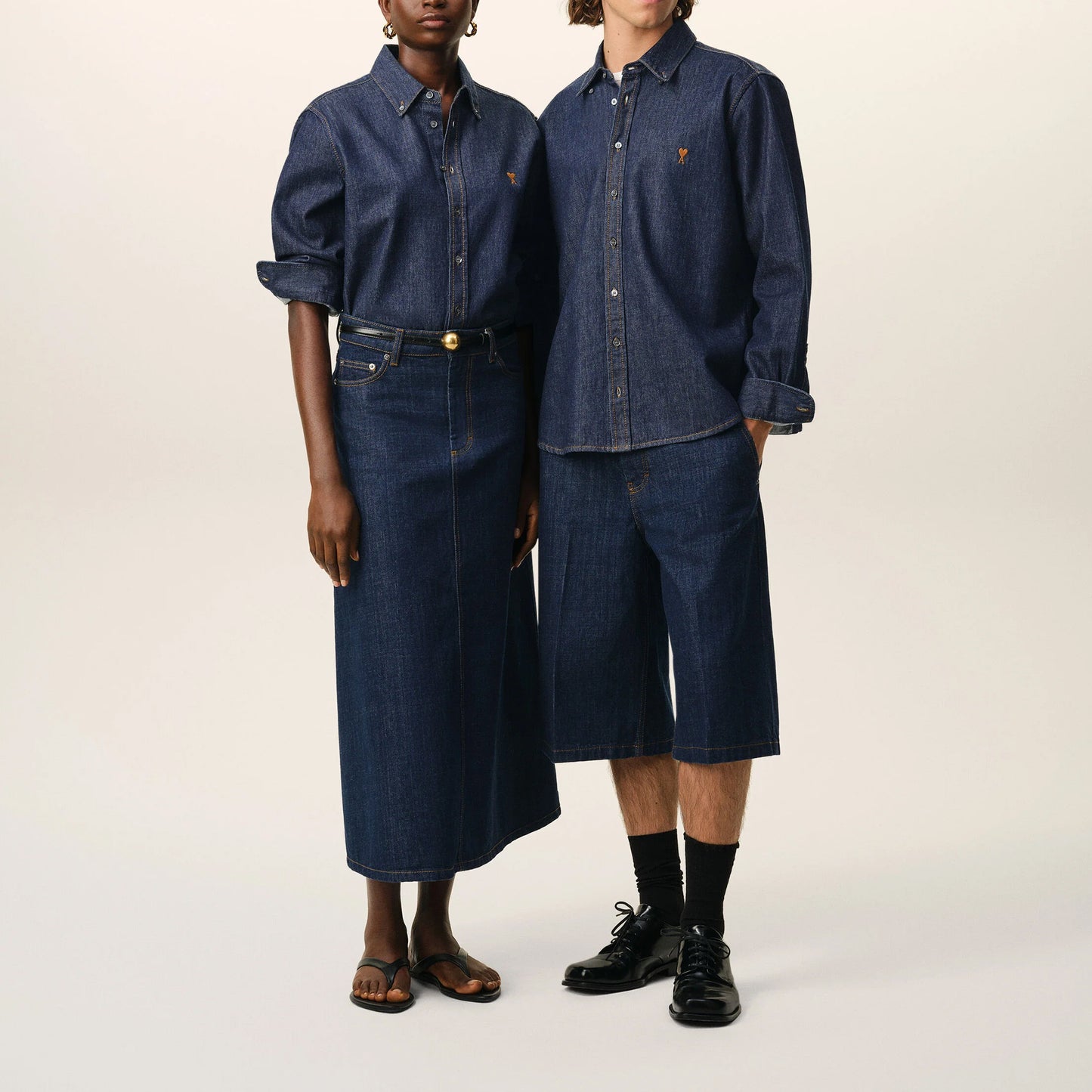 AMI Paris Contrasted Ami de Coeur Denim Shirt HSH786.DE0123 Indigo