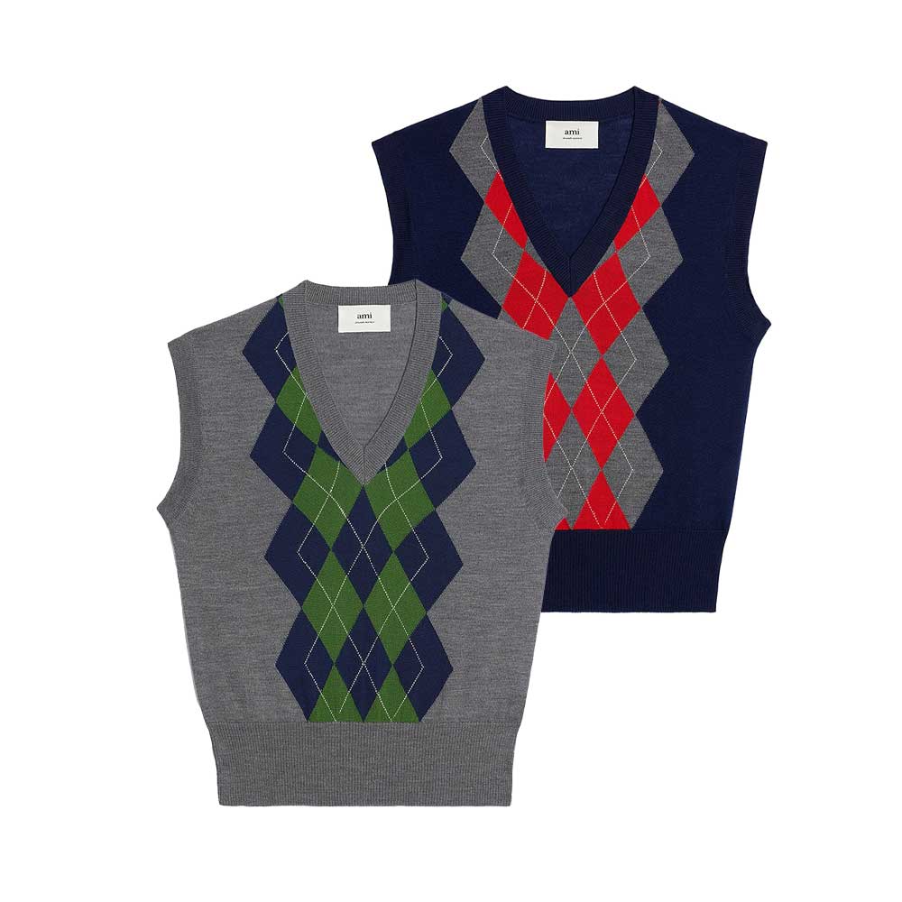 AMI Paris Argyle Intarsia Merino Wool Sweater (FKS704.KN0005)