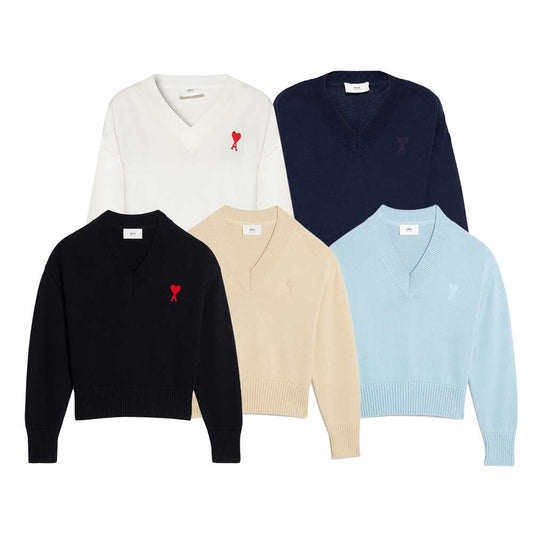 AMI Small Heart Logo V-Neck Knit Sweater (UKS208.016)