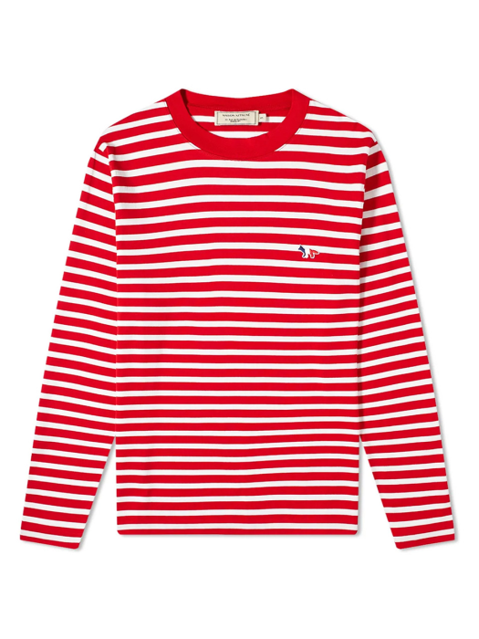 Maison Kitsuné Tricolor Fox Patch Striped Long Sleeve Tee (FU00115KJ0044)