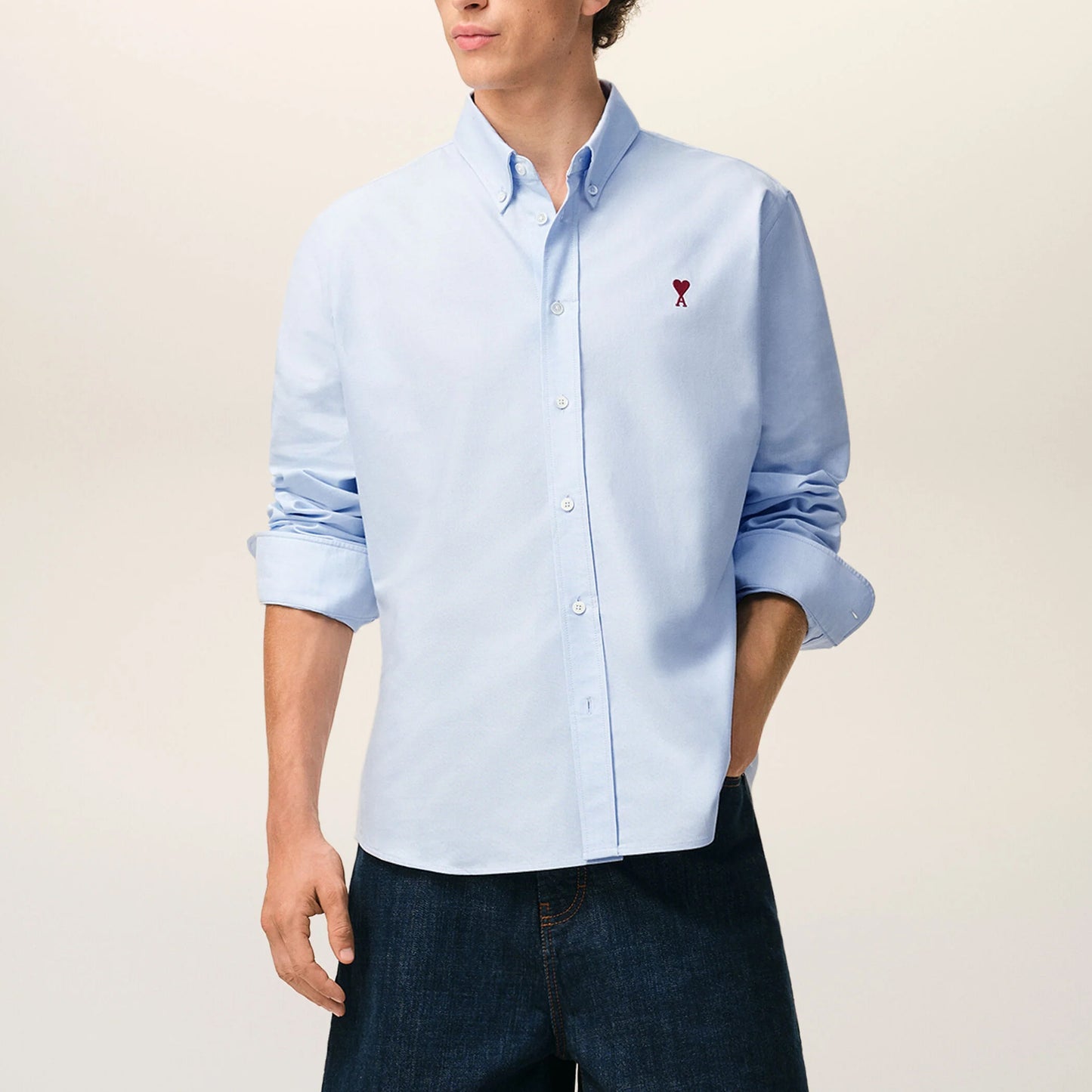 AMI Paris Classic Button Down Shirt with Ami de Coeur Embroidery BFUSH063.CO0031