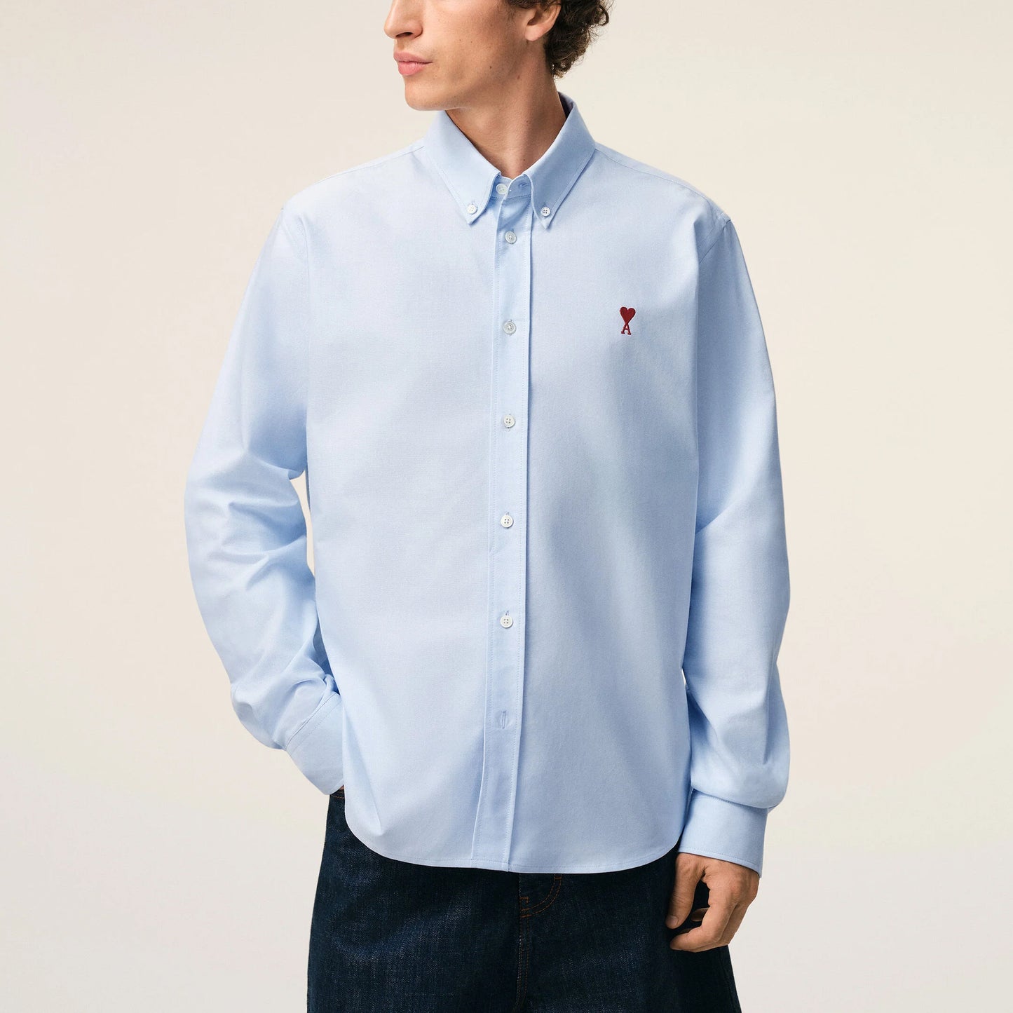 AMI Paris Classic Button Down Shirt with Ami de Coeur Embroidery BFUSH063.CO0031