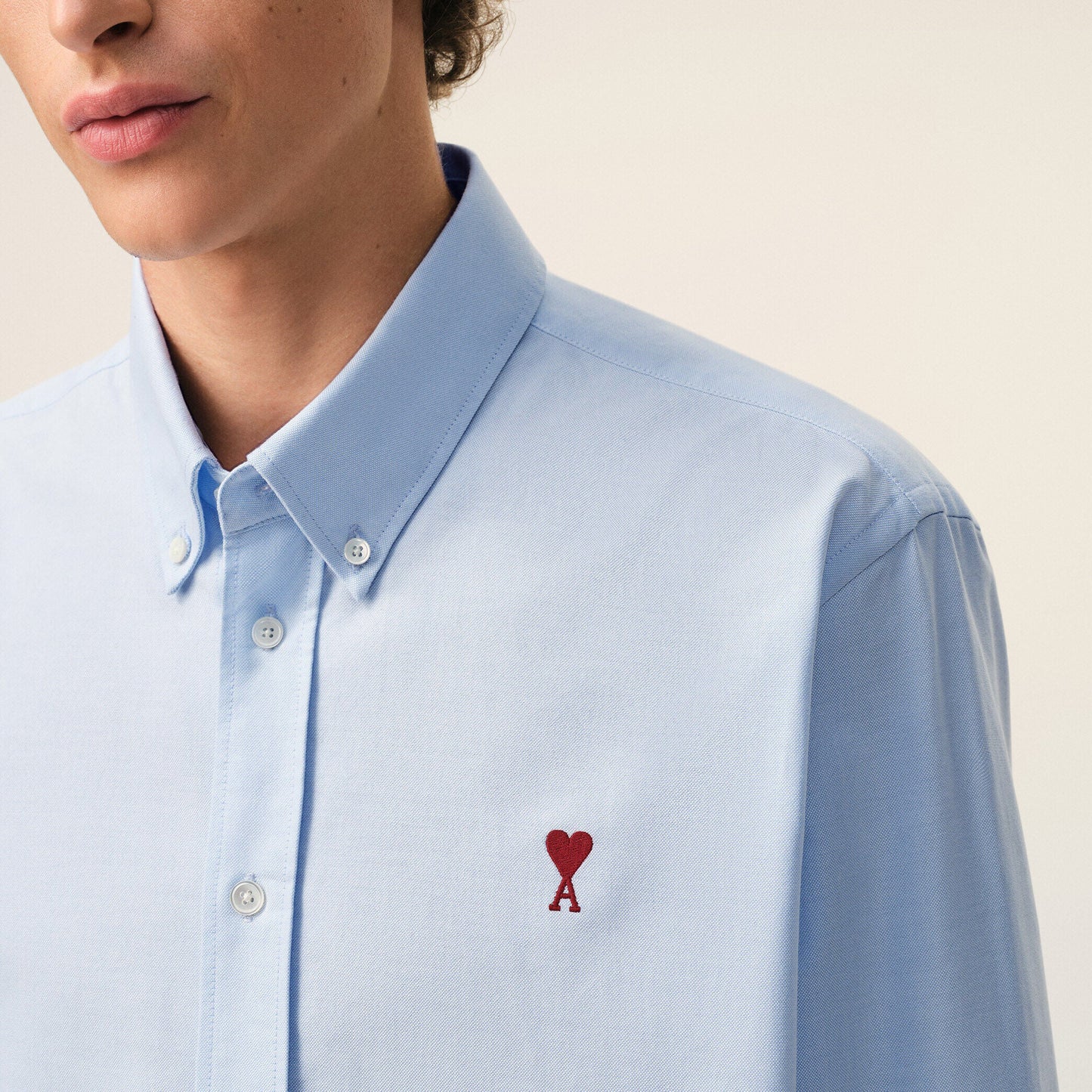 AMI Paris Classic Button Down Shirt with Ami de Coeur Embroidery BFUSH063.CO0031