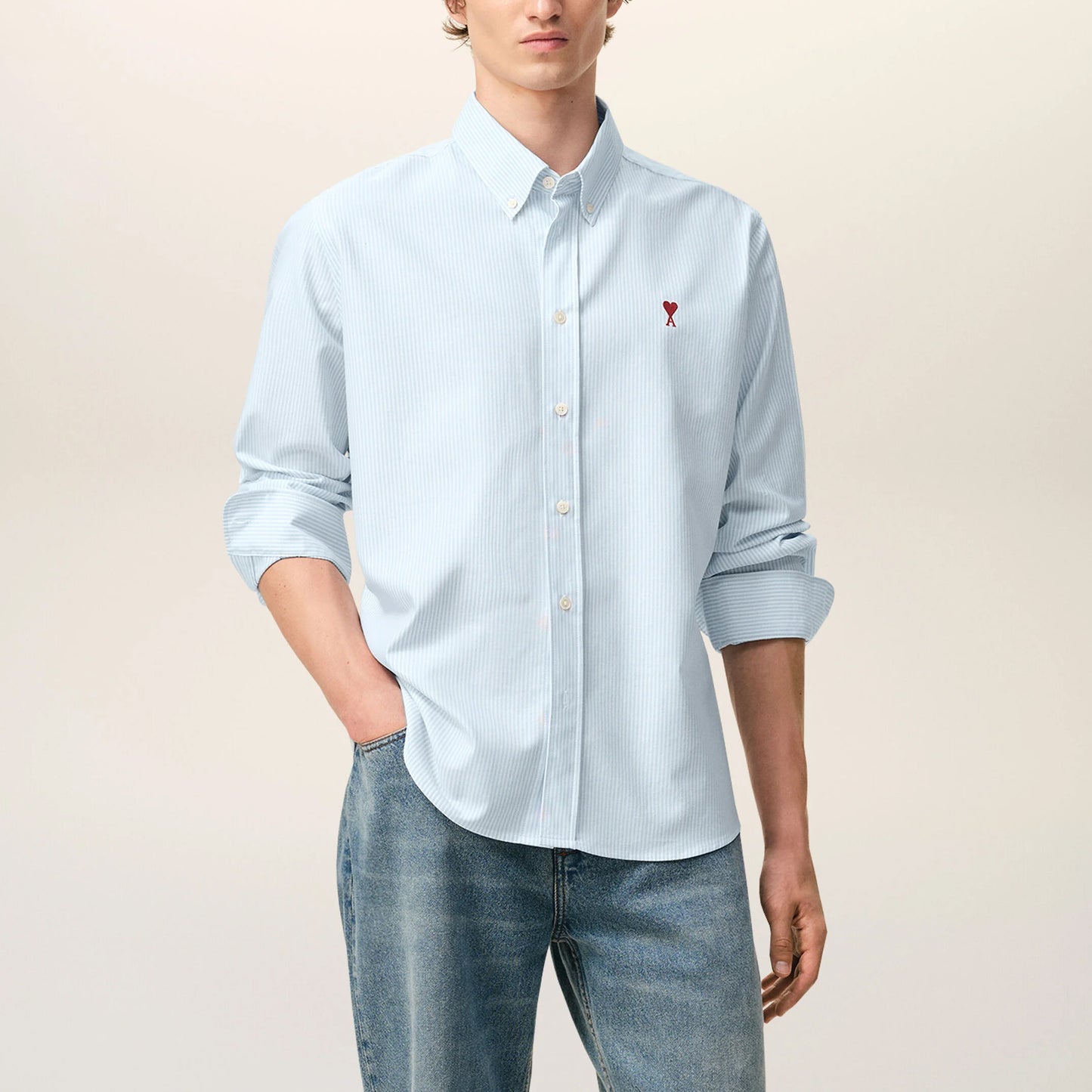AMI Paris Classic Button Down Shirt with Ami de Coeur Embroidery BFUSH063.CO0087