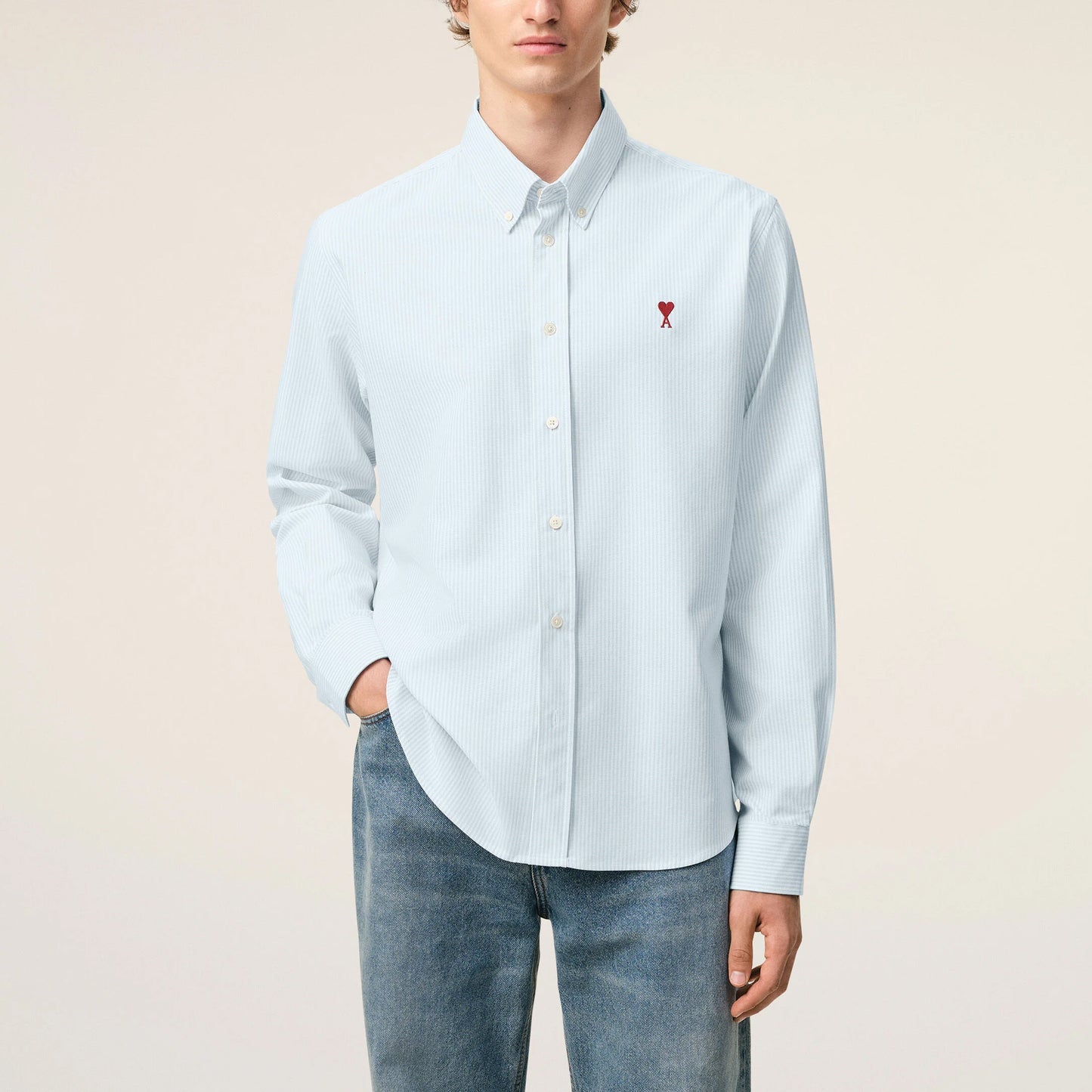 AMI Paris Classic Button Down Shirt with Ami de Coeur Embroidery BFUSH063.CO0087
