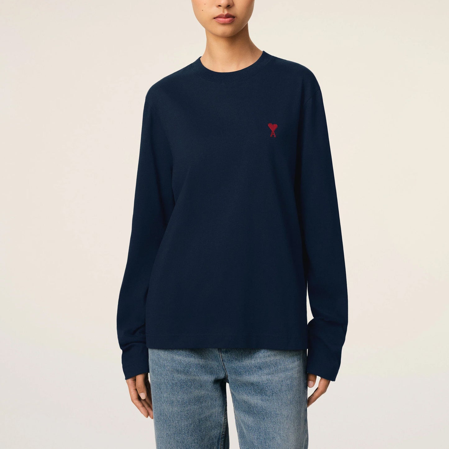 AMI Paris Red Ami de Coeur Long Sleeve T-Shirt BFUTS235.724 Navy