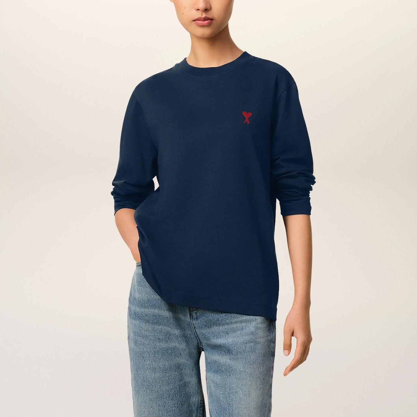 AMI Paris Red Ami de Coeur Long Sleeve T-Shirt BFUTS235.724 Navy