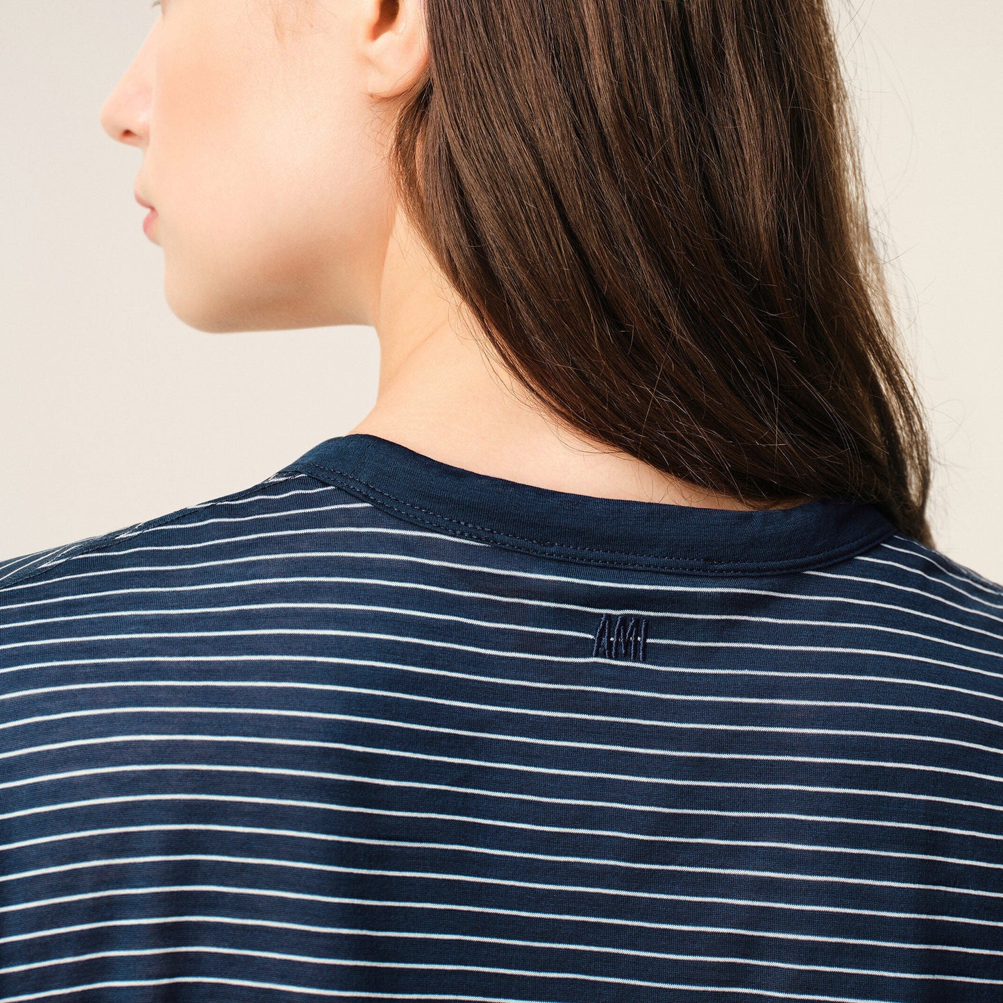 AMI Paris Women Classic Fit Striped T-Shirt with Ami de Coeur Patch FTS373.JE0212 Navy