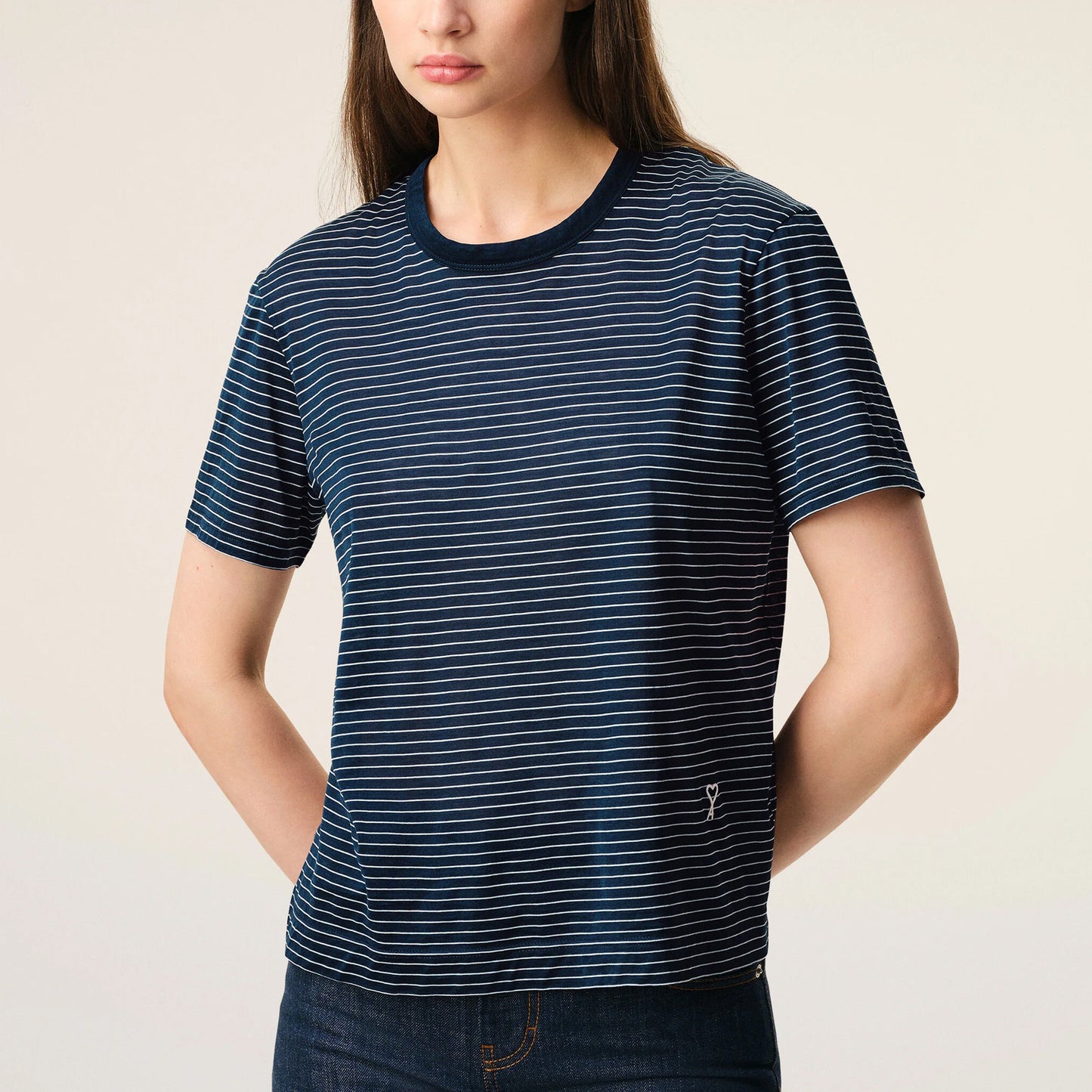 AMI Paris Women Classic Fit Striped T-Shirt with Ami de Coeur Patch FTS373.JE0212 Navy