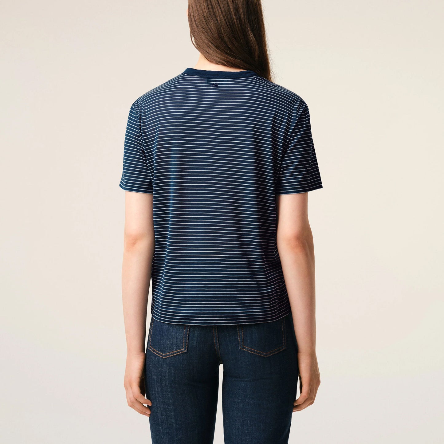 AMI Paris Women Classic Fit Striped T-Shirt with Ami de Coeur Patch FTS373.JE0212 Navy