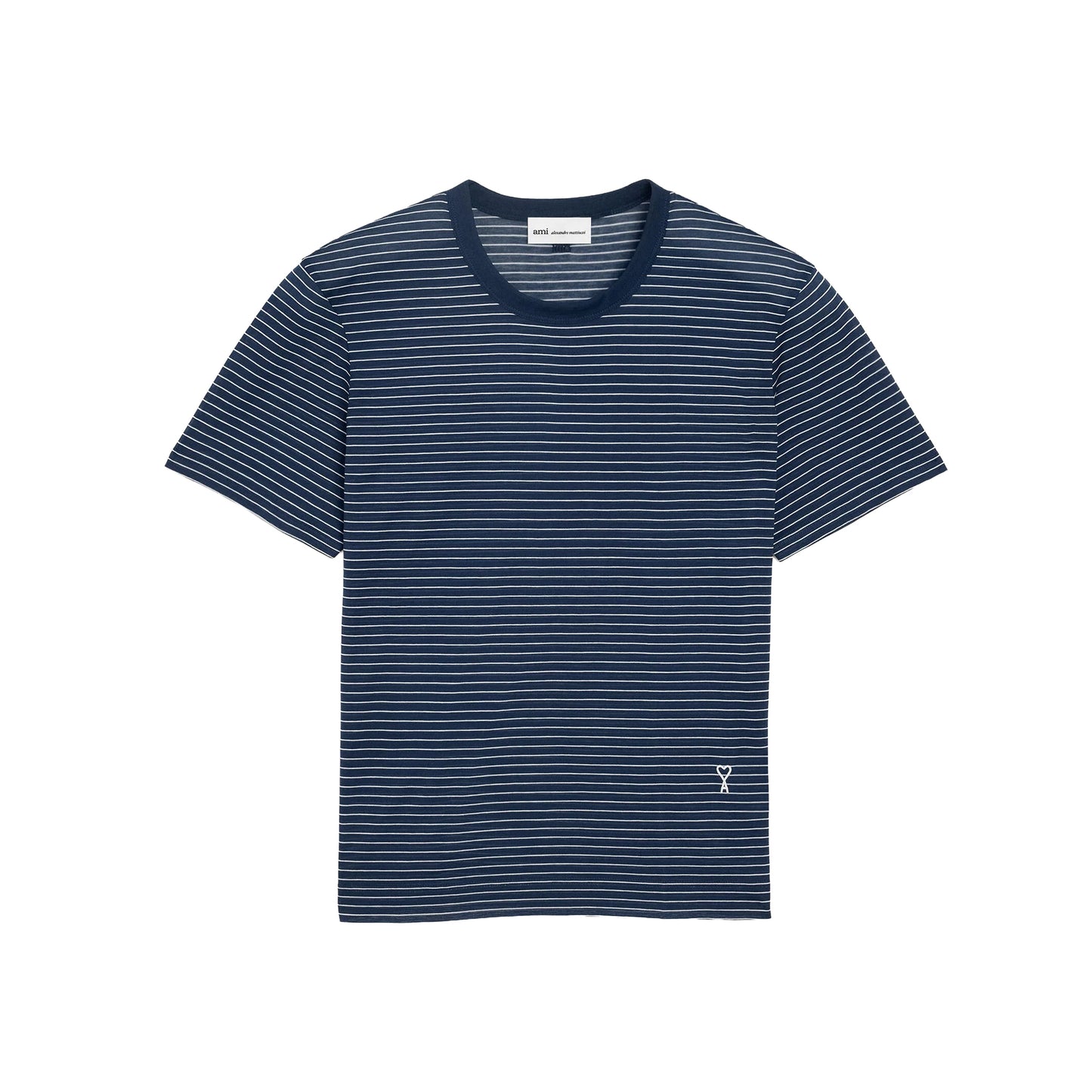 AMI Paris Women Classic Fit Striped T-Shirt with Ami de Coeur Patch FTS373.JE0212 Navy
