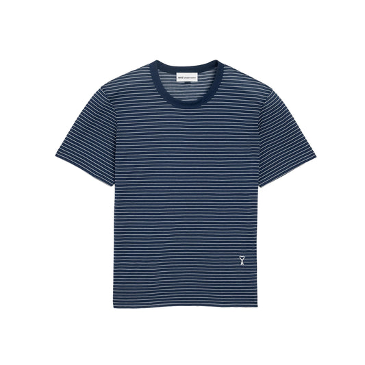 AMI Paris Women Classic Fit Striped T-Shirt with Ami de Coeur Patch FTS373.JE0212 Navy