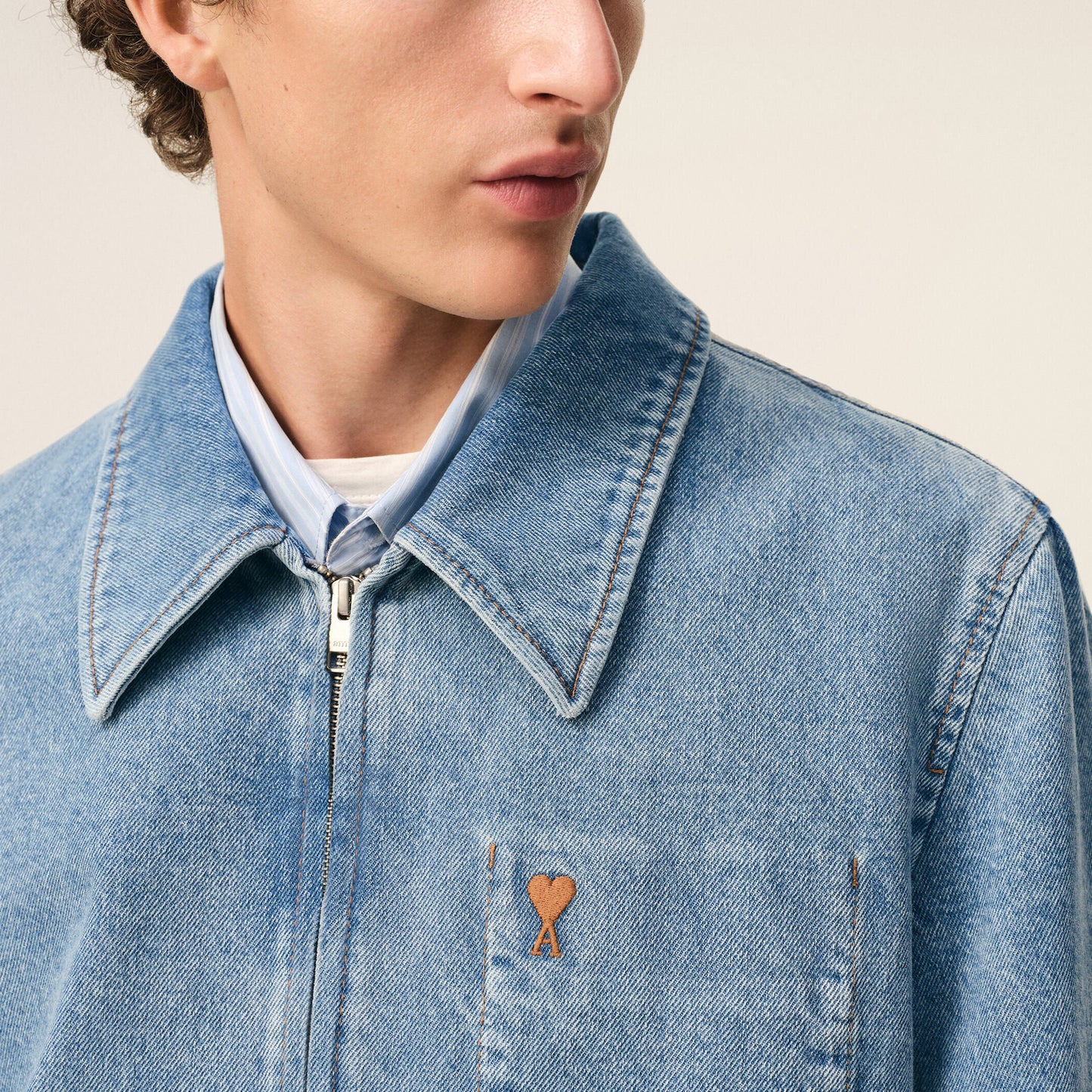 AMI Paris Contrasted Ami de Coeur Zipped Denim Jacket HJK835.DE0046 Blue