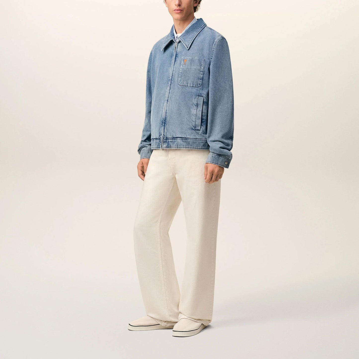 AMI Paris Contrasted Ami de Coeur Zipped Denim Jacket HJK835.DE0046 Blue