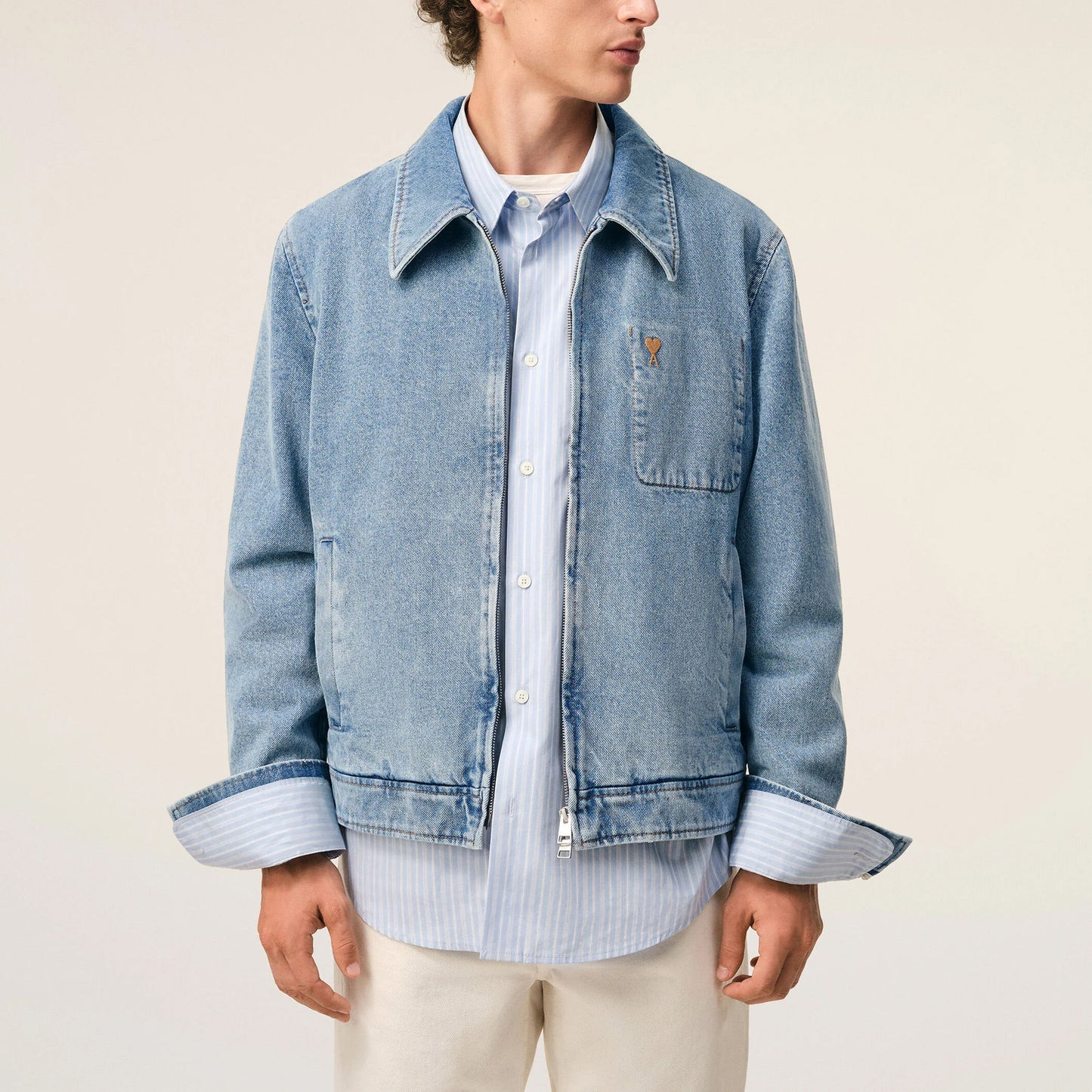 AMI Paris Contrasted Ami de Coeur Zipped Denim Jacket HJK835.DE0046 Blue