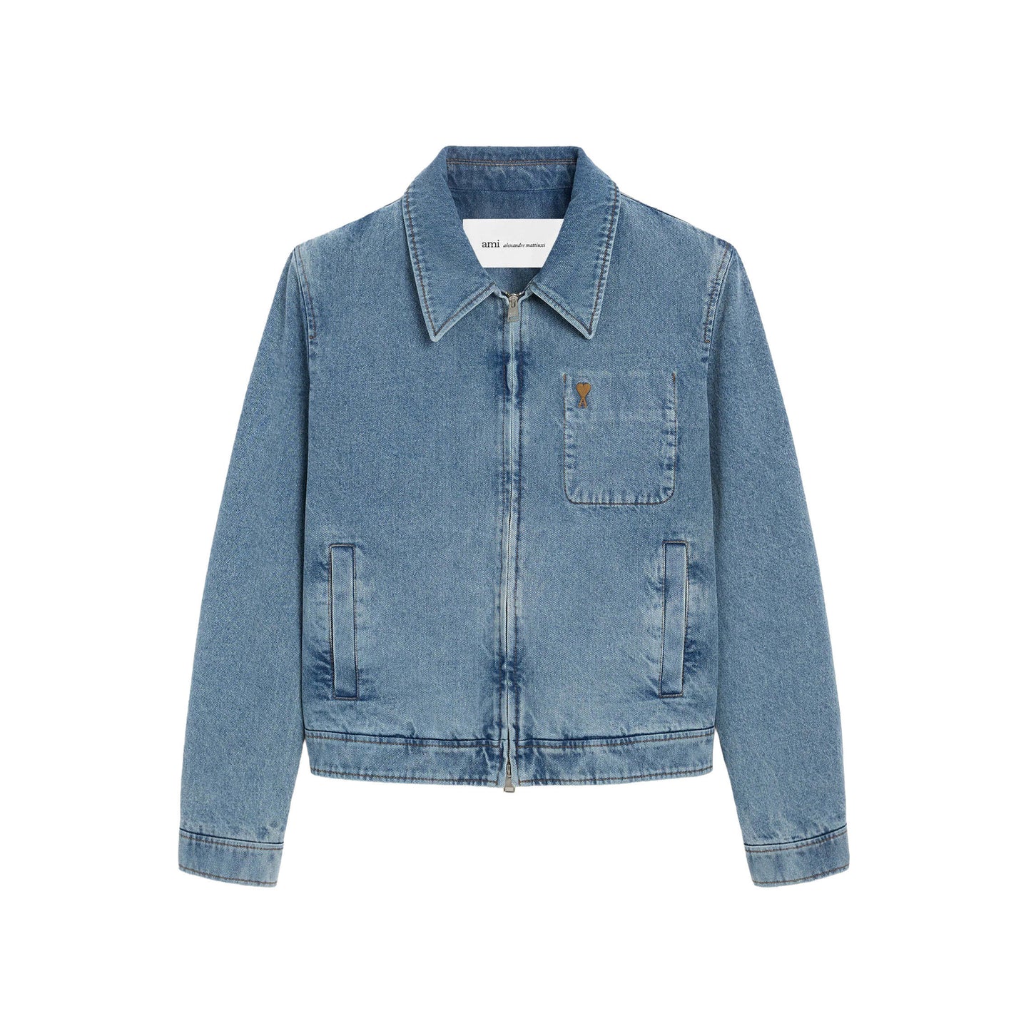 AMI Paris Contrasted Ami de Coeur Zipped Denim Jacket HJK835.DE0046 Blue