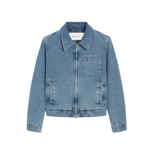 AMI Paris Contrasted Ami de Coeur Zipped Denim Jacket HJK835.DE0046 Blue