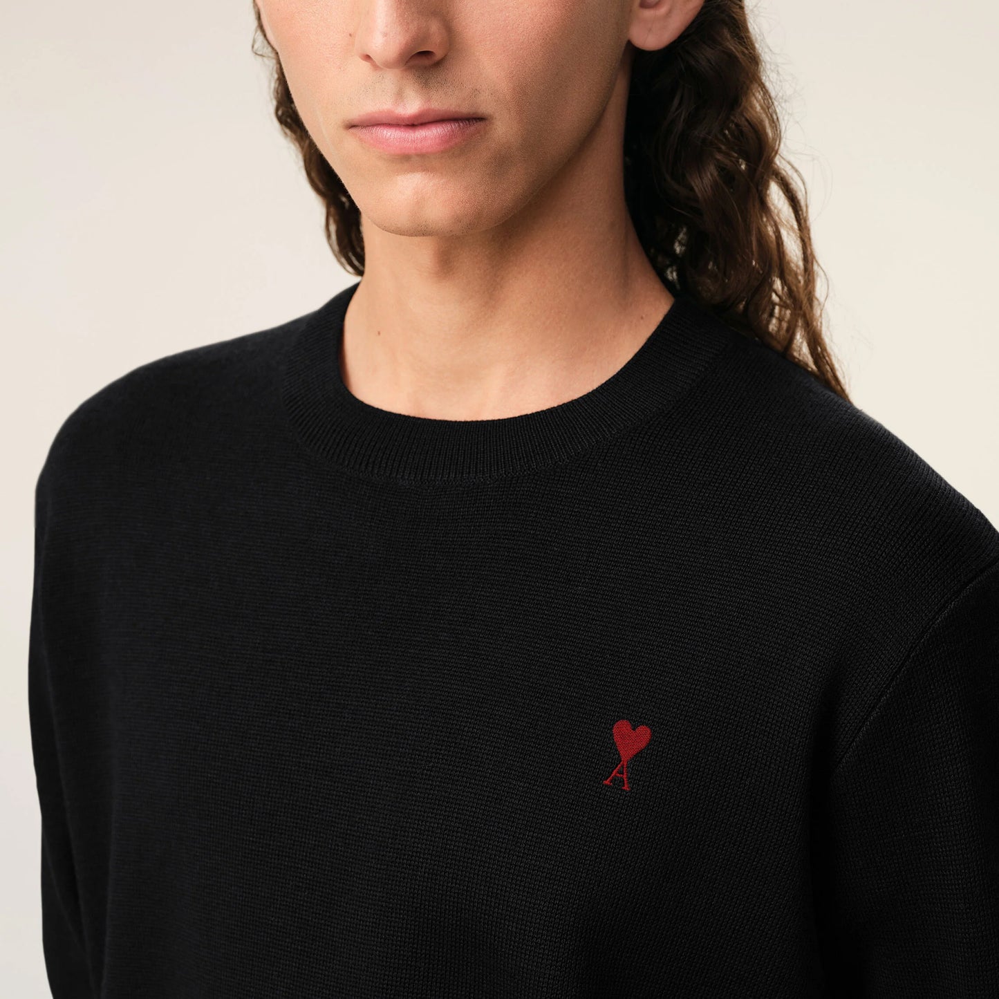 AMI Paris Quota Crewneck Sweater with Contrasted Ami de Coeur HKS826.001 Black