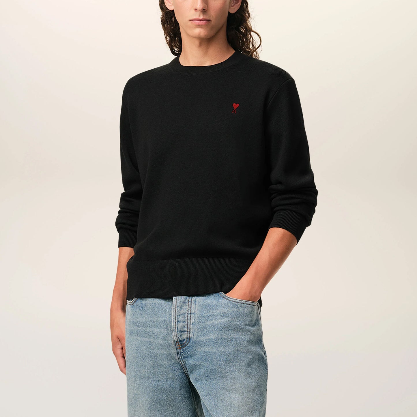 AMI Paris Quota Crewneck Sweater with Contrasted Ami de Coeur HKS826.001 Black