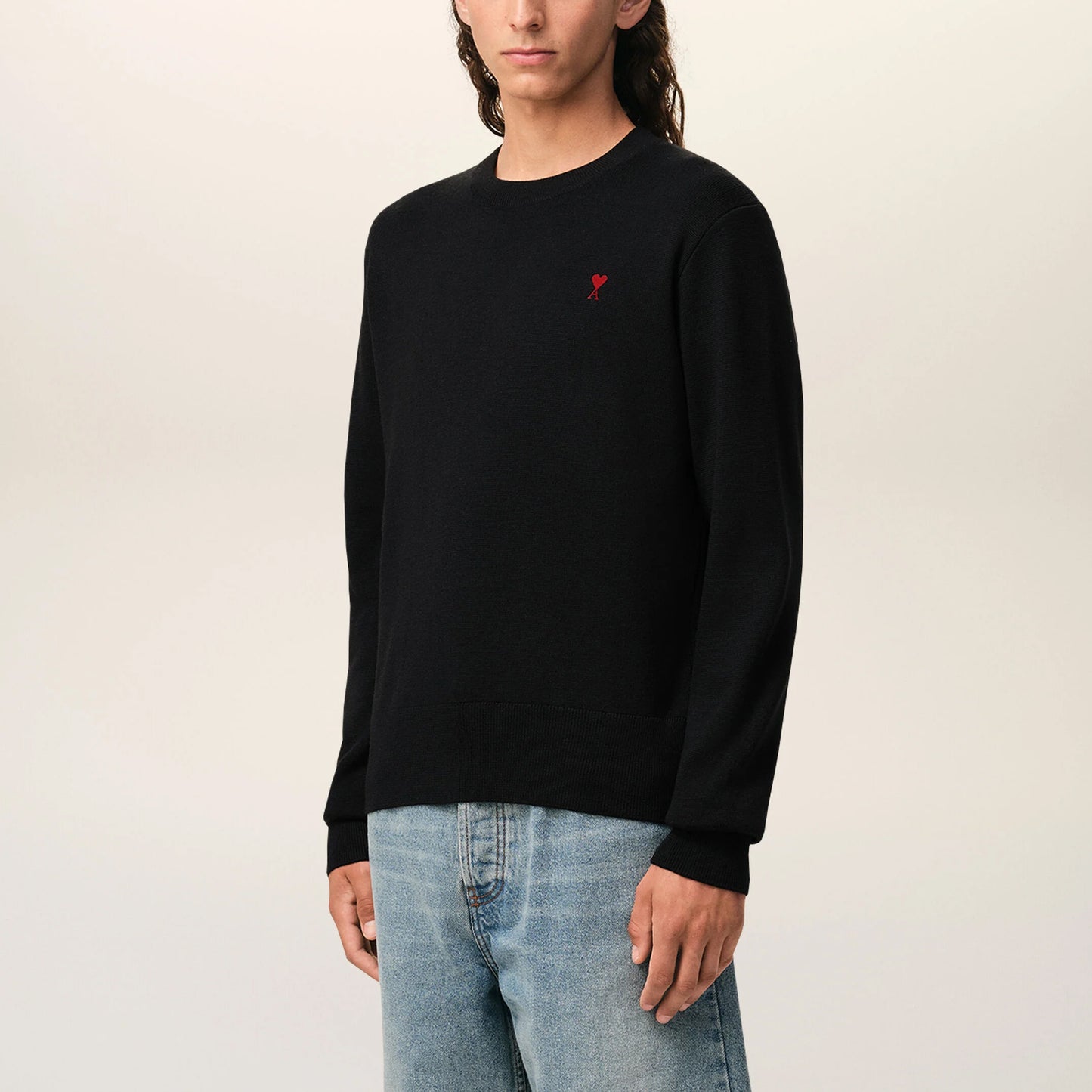 AMI Paris Quota Crewneck Sweater with Contrasted Ami de Coeur HKS826.001 Black