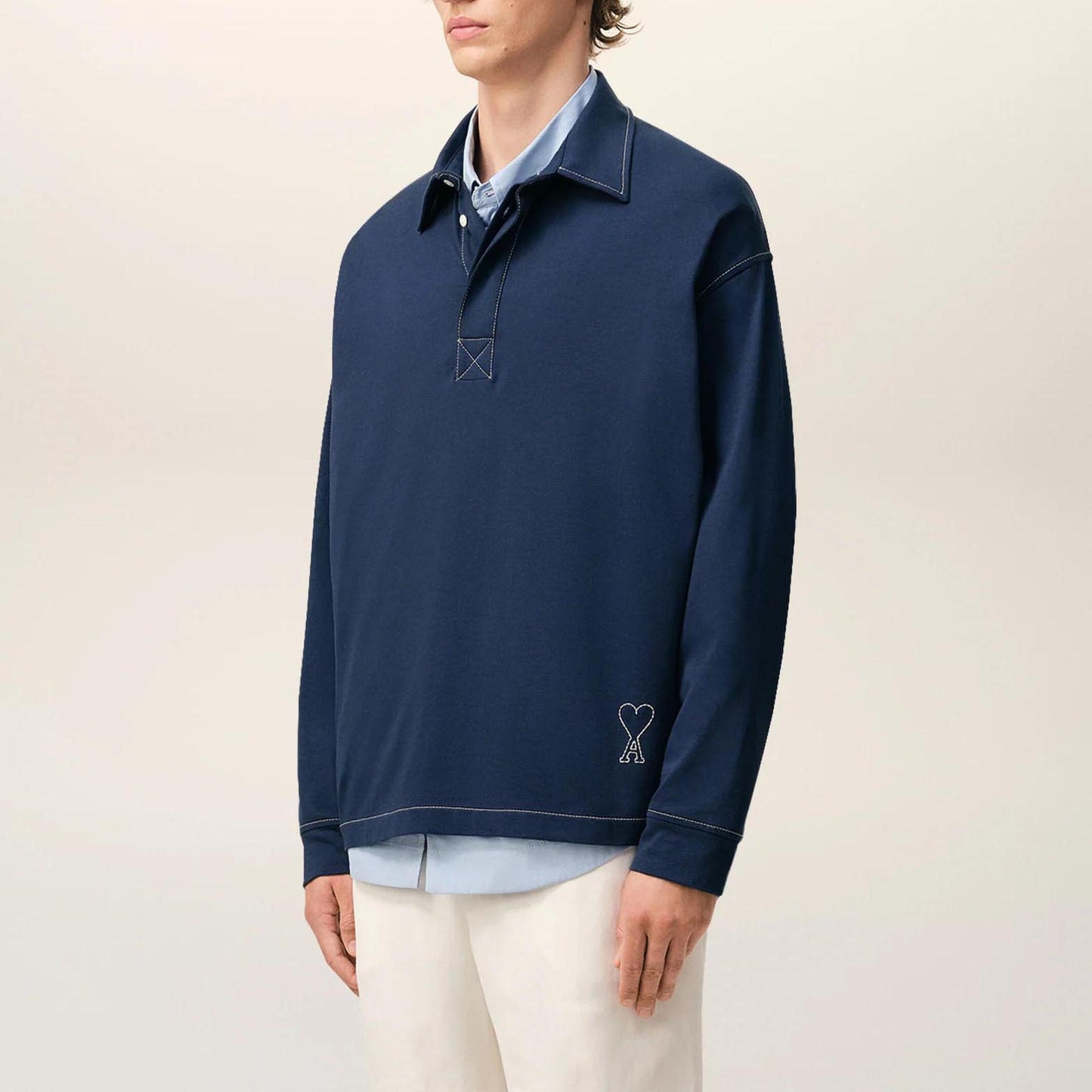 AMI Paris Long Sleeves Oversize Polo With Topstitched Ami De Coeur HPL425.726
