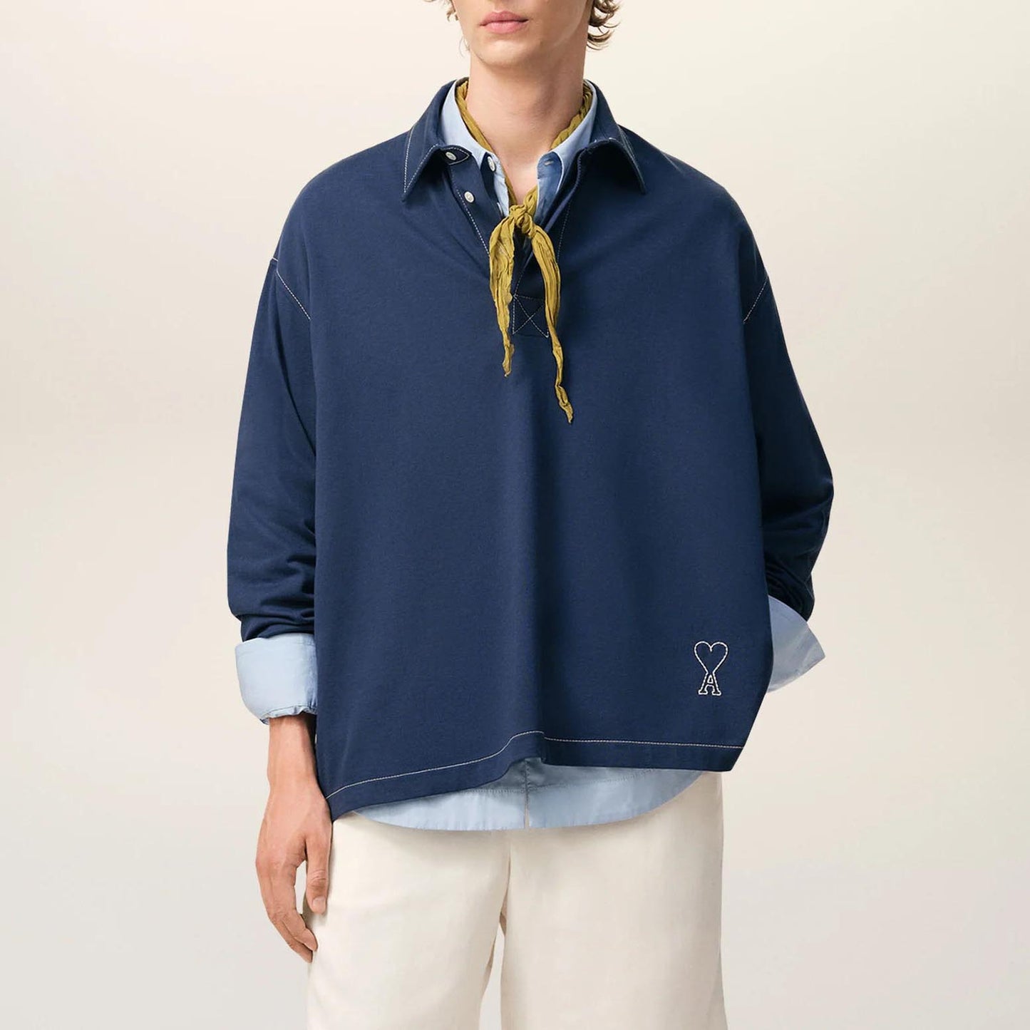 AMI Paris Long Sleeves Oversize Polo With Topstitched Ami De Coeur HPL425.726