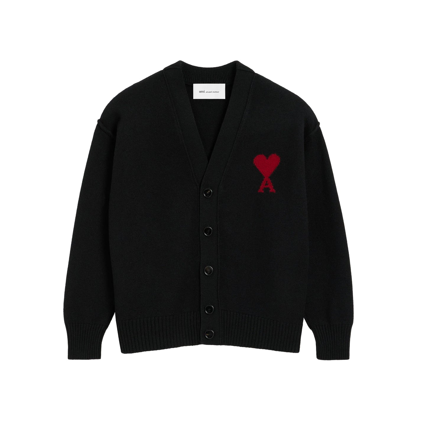 AMI Paris Quota V-Neck Cardigan with Contrasted Ami de Coeur UKC367.018 (Men’s Black)