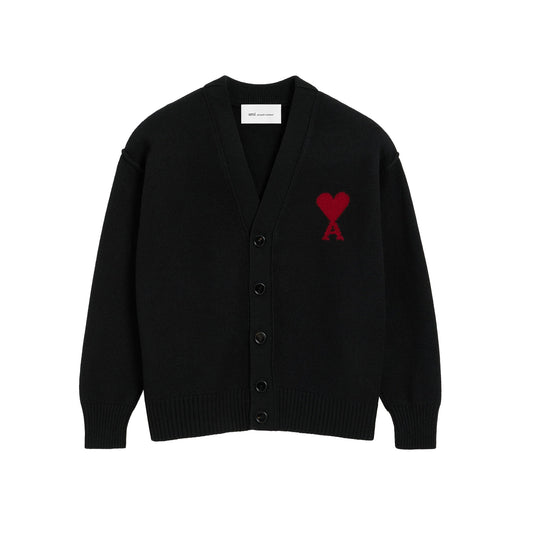 AMI Paris Quota V-Neck Cardigan with Contrasted Ami de Coeur UKC367.018 (Men’s Black)