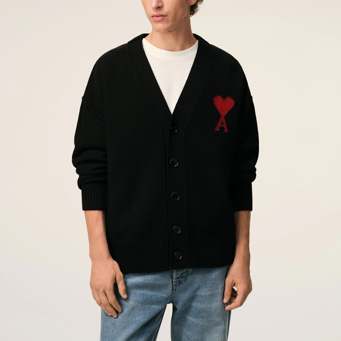 AMI Paris Quota V-Neck Cardigan with Contrasted Ami de Coeur UKC367.018 (Men’s Black)