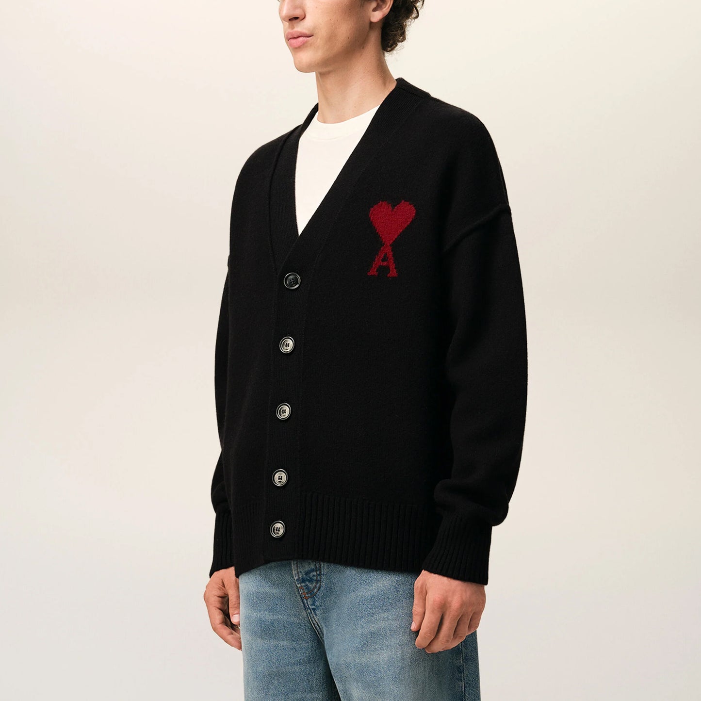 AMI Paris Quota V-Neck Cardigan with Contrasted Ami de Coeur UKC367.018 (Men’s Black)