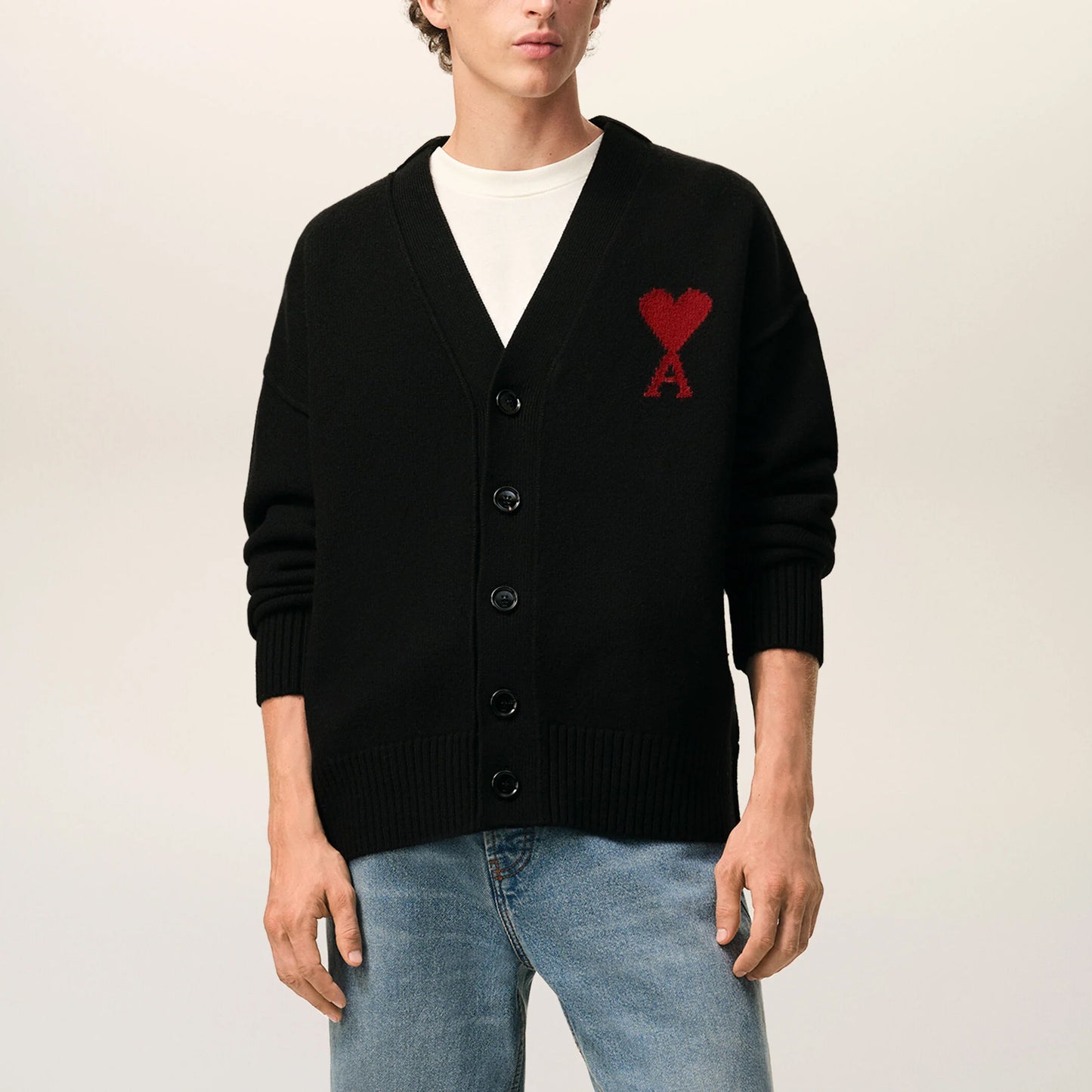 AMI Paris Quota V-Neck Cardigan with Contrasted Ami de Coeur UKC367.018 (Men’s Black)