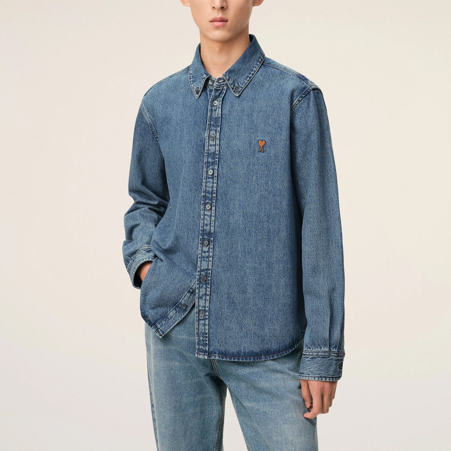 AMI Paris Contrasted Ami de Coeur Denim Shirt USH786.DE0056 Blue