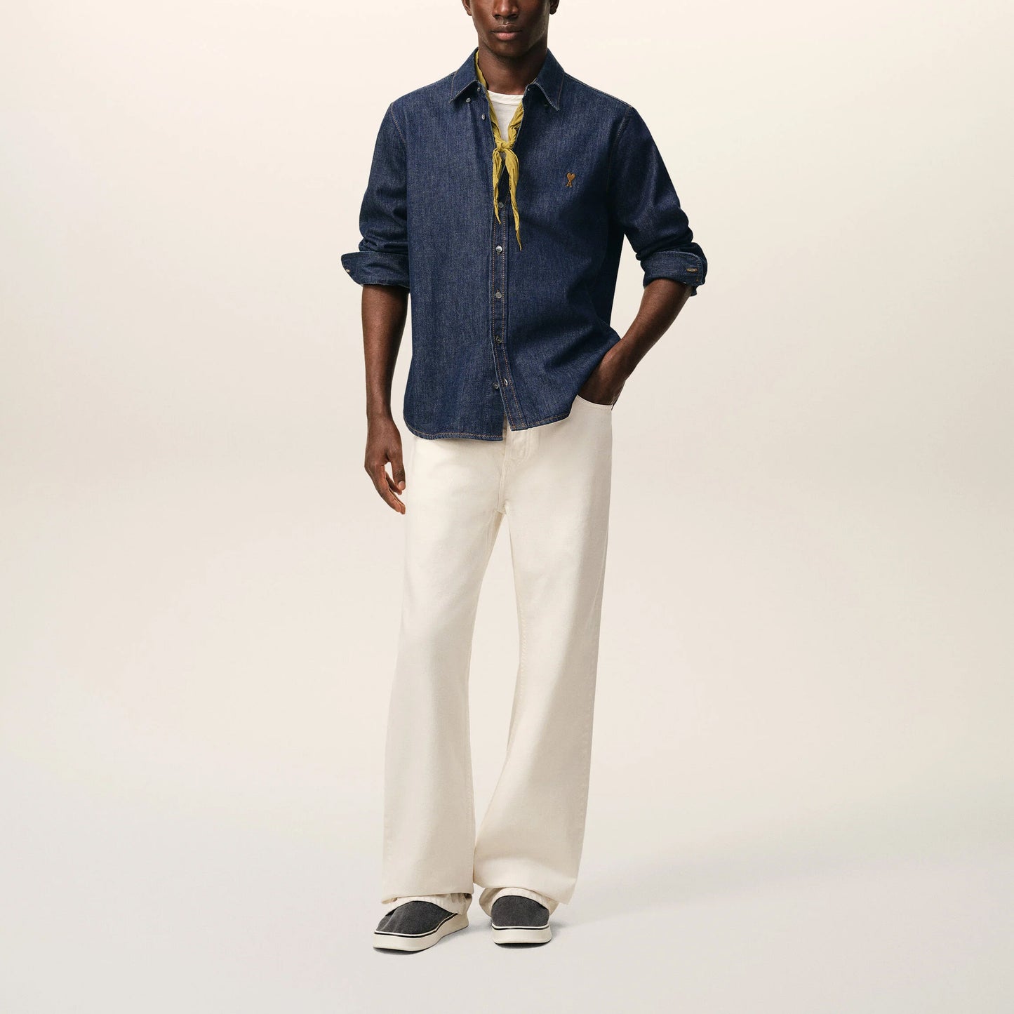 AMI Paris Contrasted Ami de Coeur Denim Shirt HSH786.DE0123 Indigo