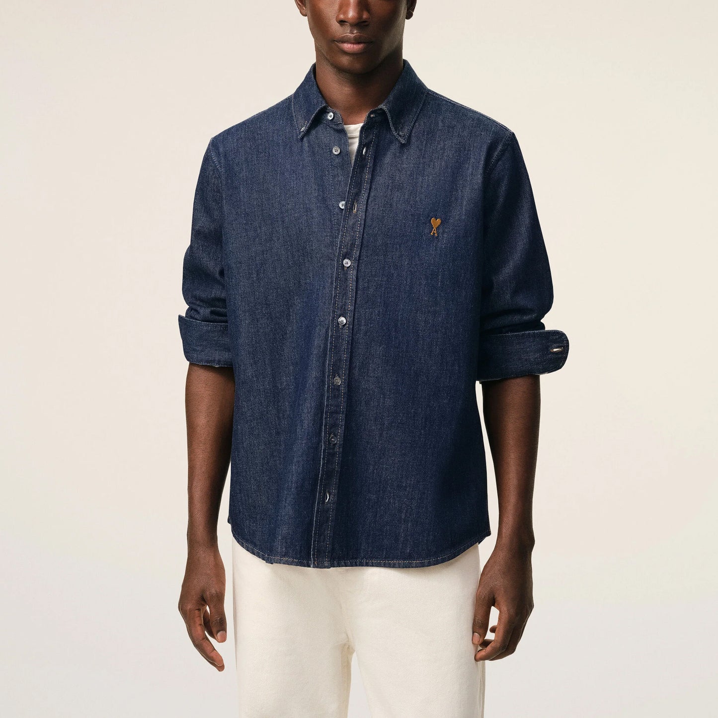 AMI Paris Contrasted Ami de Coeur Denim Shirt HSH786.DE0123 Indigo