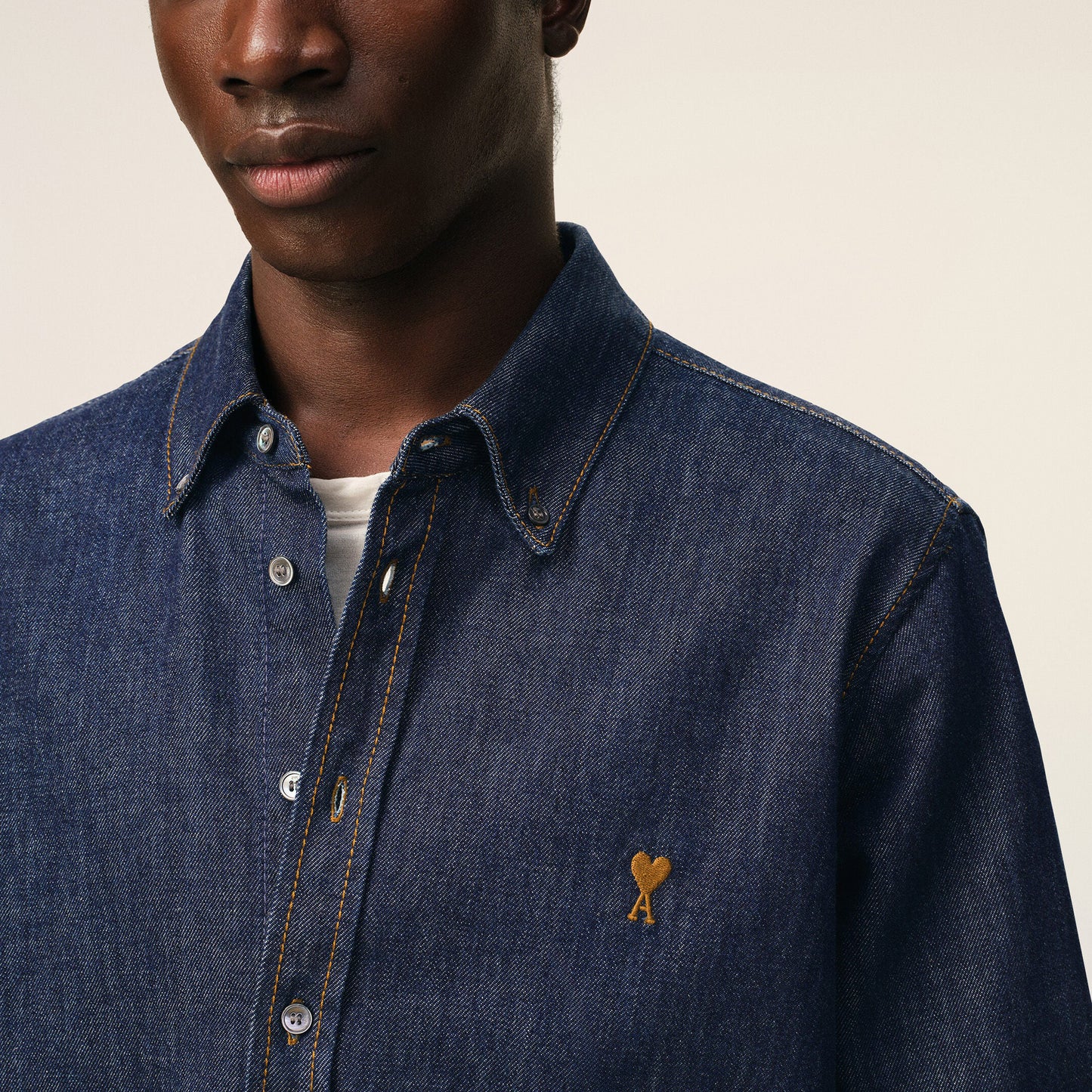 AMI Paris Contrasted Ami de Coeur Denim Shirt HSH786.DE0123 Indigo