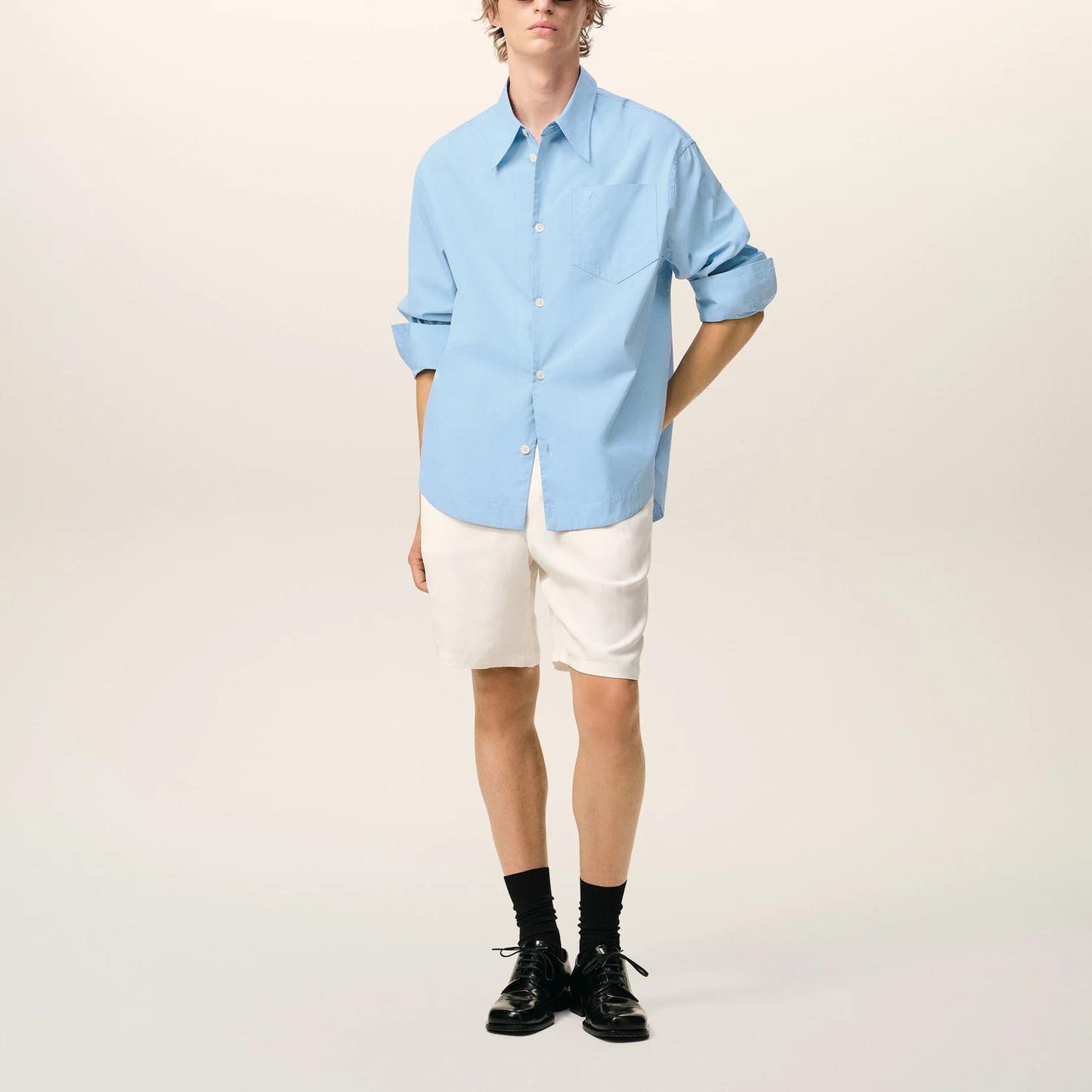 AMI Paris Long Sleeve Wide Shirt With Sharp Collar And Embossed Ami De Coeur USH808.CO0063