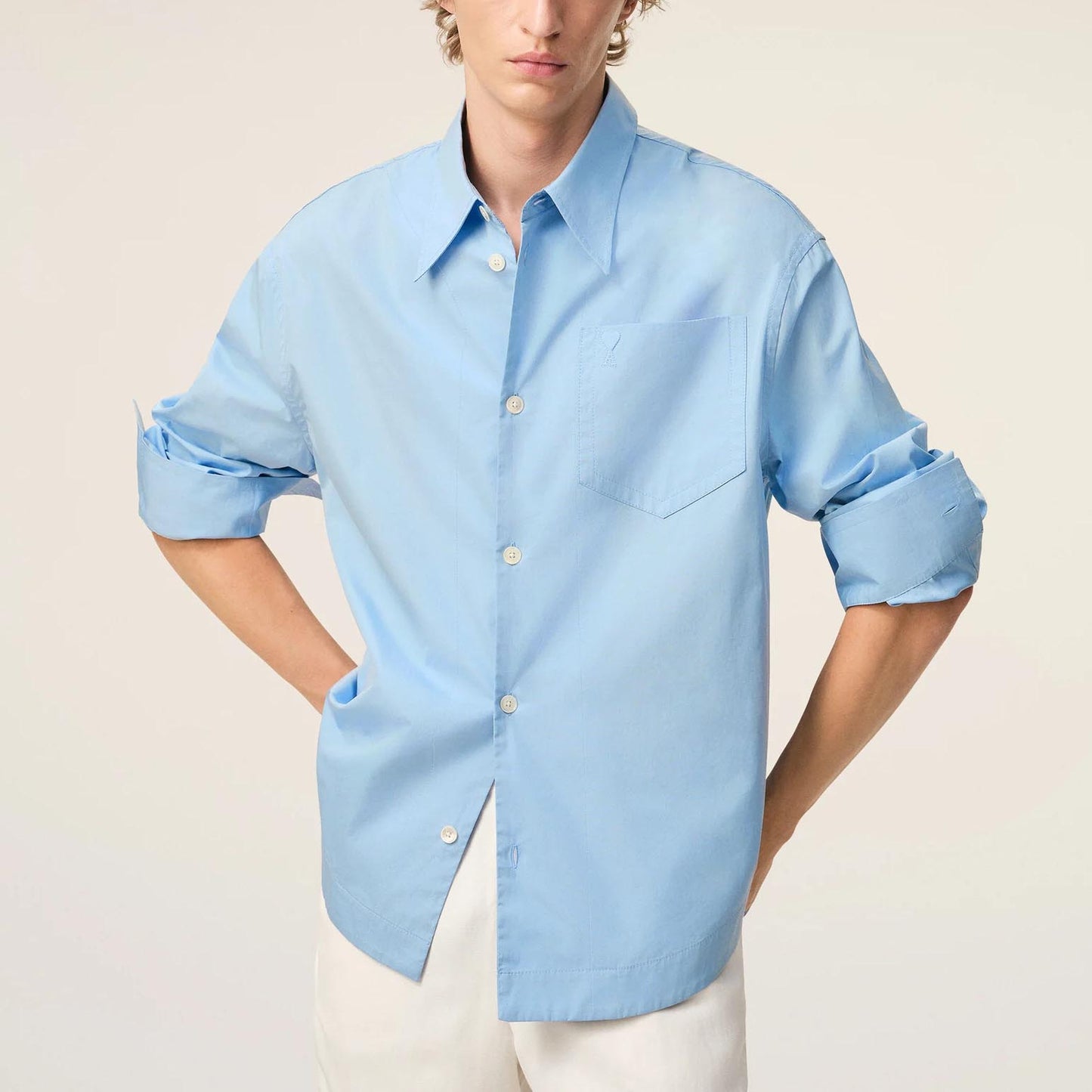 AMI Paris Long Sleeve Wide Shirt With Sharp Collar And Embossed Ami De Coeur USH808.CO0063