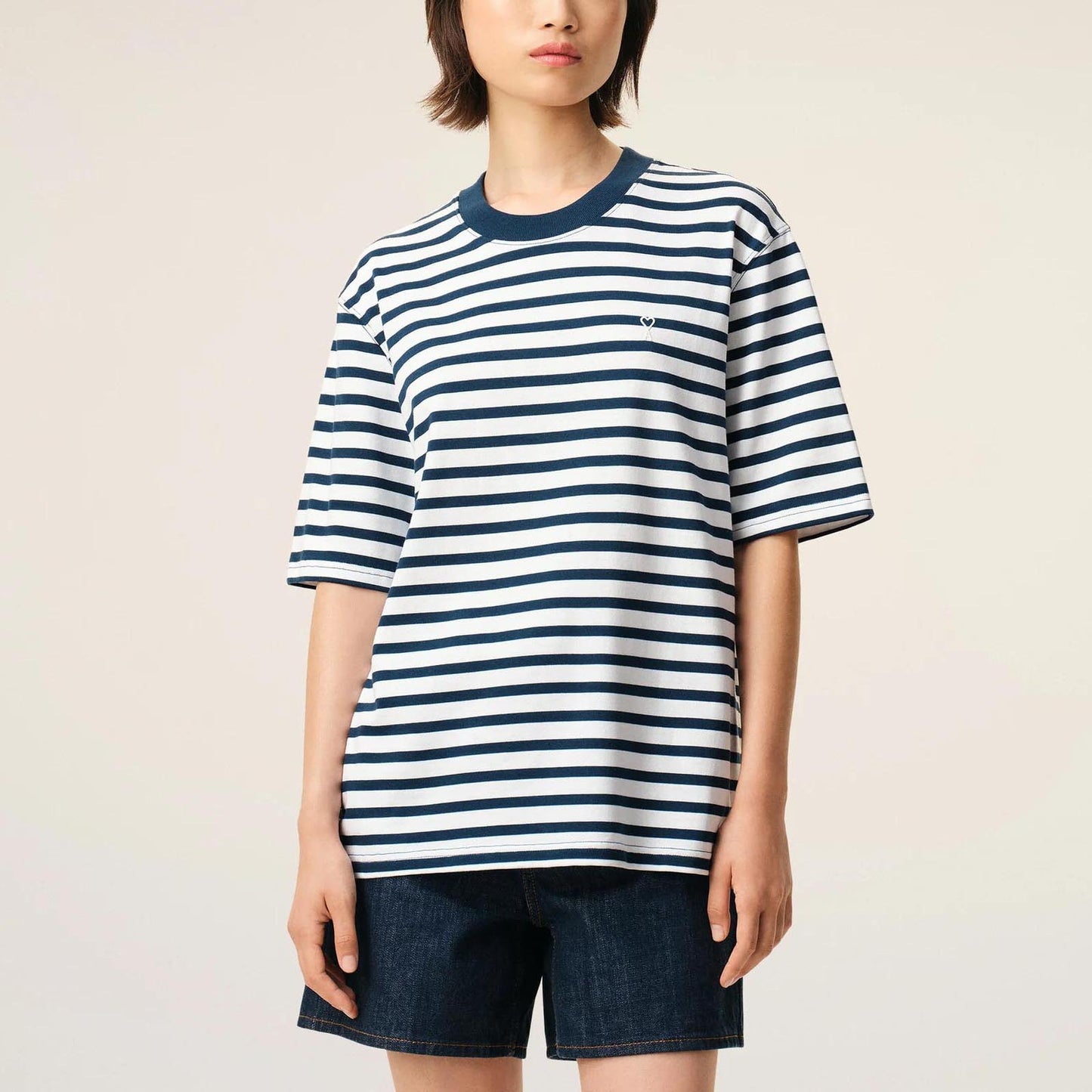 AMI Paris Short Sleeves Boxy Fit Mariniere Tee Shirt With Ami De Coeur Patch UTS374.JE0210
