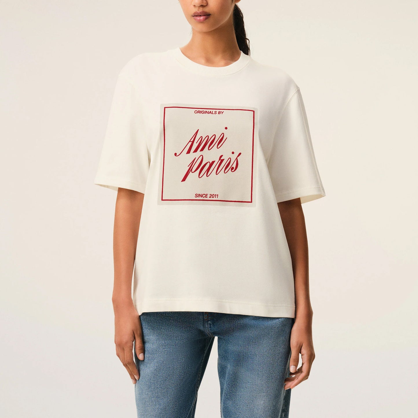 AMI Paris Boxy Fit Signature Print T-Shirt UTS385.726 White
