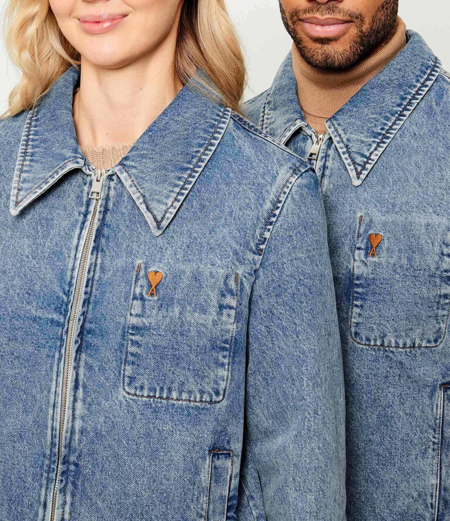 AMI Paris Contrasted Ami de Coeur Zipped Denim Jacket HJK835.DE0046 Blue